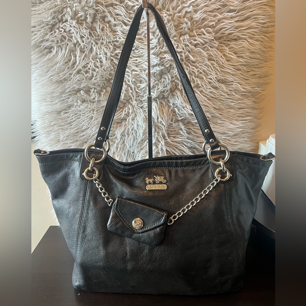Coach Black Leather Tote Bag with Bag Charm